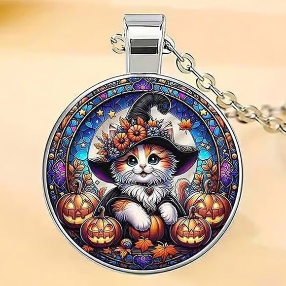 Silver HALLOWEEN CAT Glass Cabochon Pendant Necklace - Picture 1 of 3